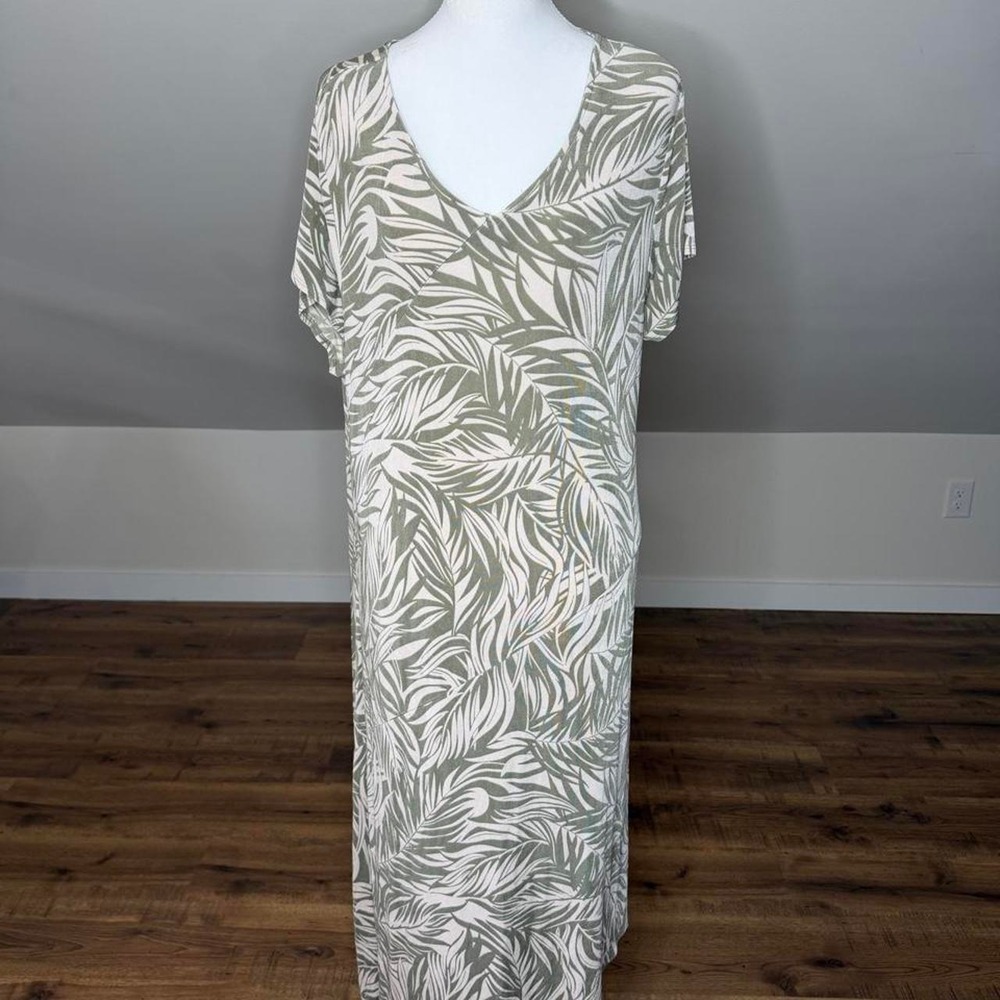 Chico's Travelers Palm Print Maxi Dress Sage Green Tropical Resort Size 3